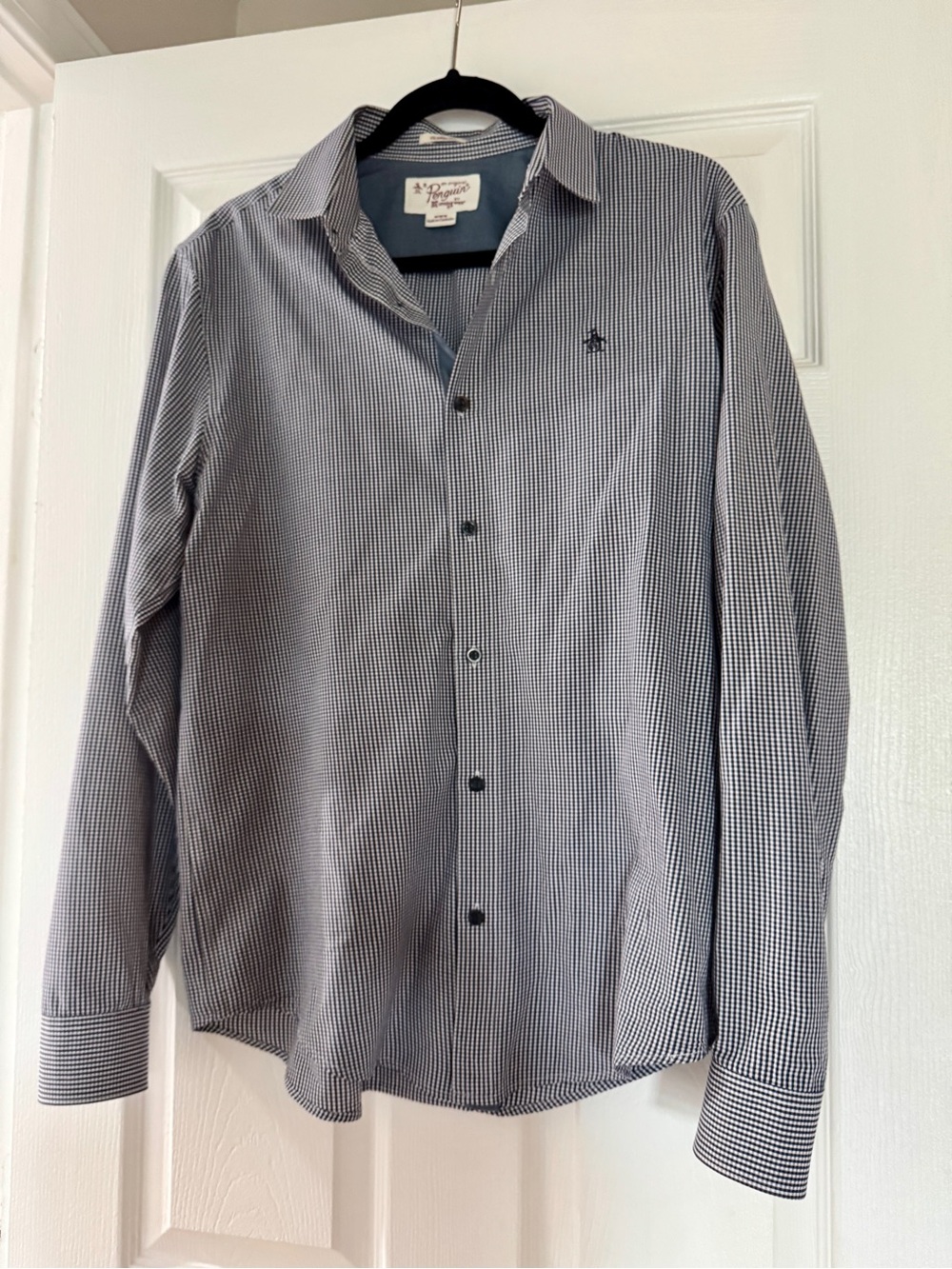 Original Penguin Men’s Navy and White Micro-Check Button-Up Shirt